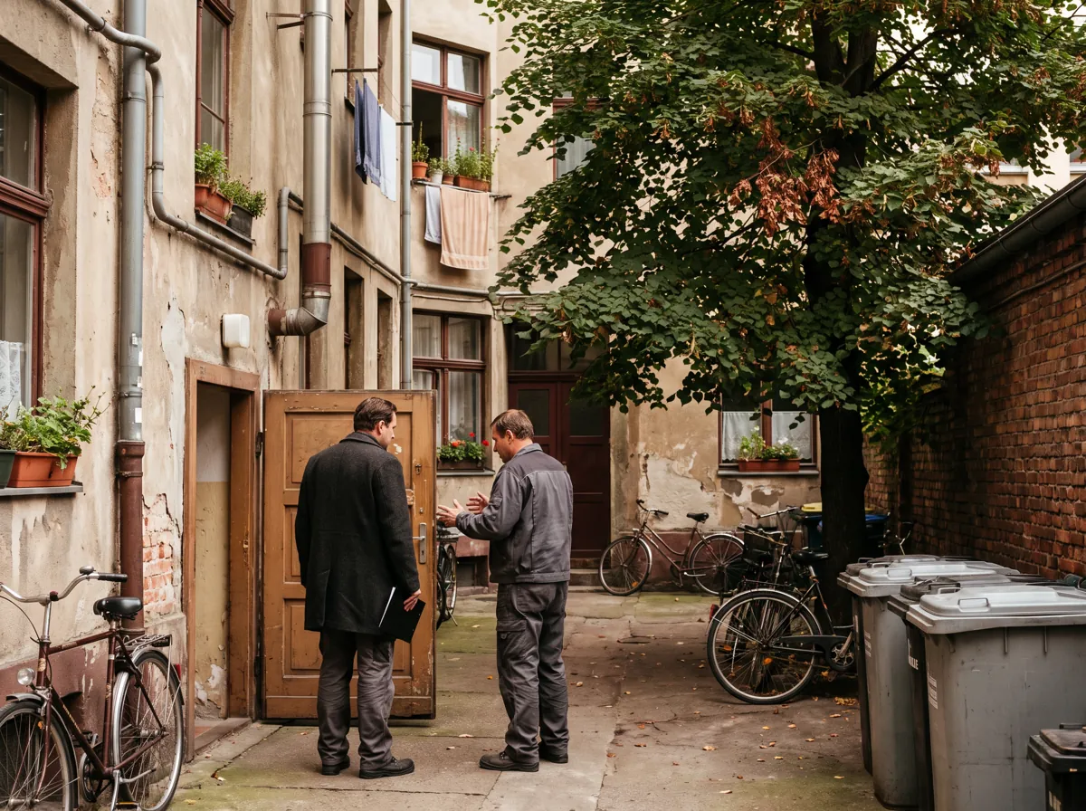 Hinterhof eines Berliner Mietshauses mit Fahrrädern und Mülltonnen; Hausverwaltung und Sanitär-Fachkraft an der Kellertür