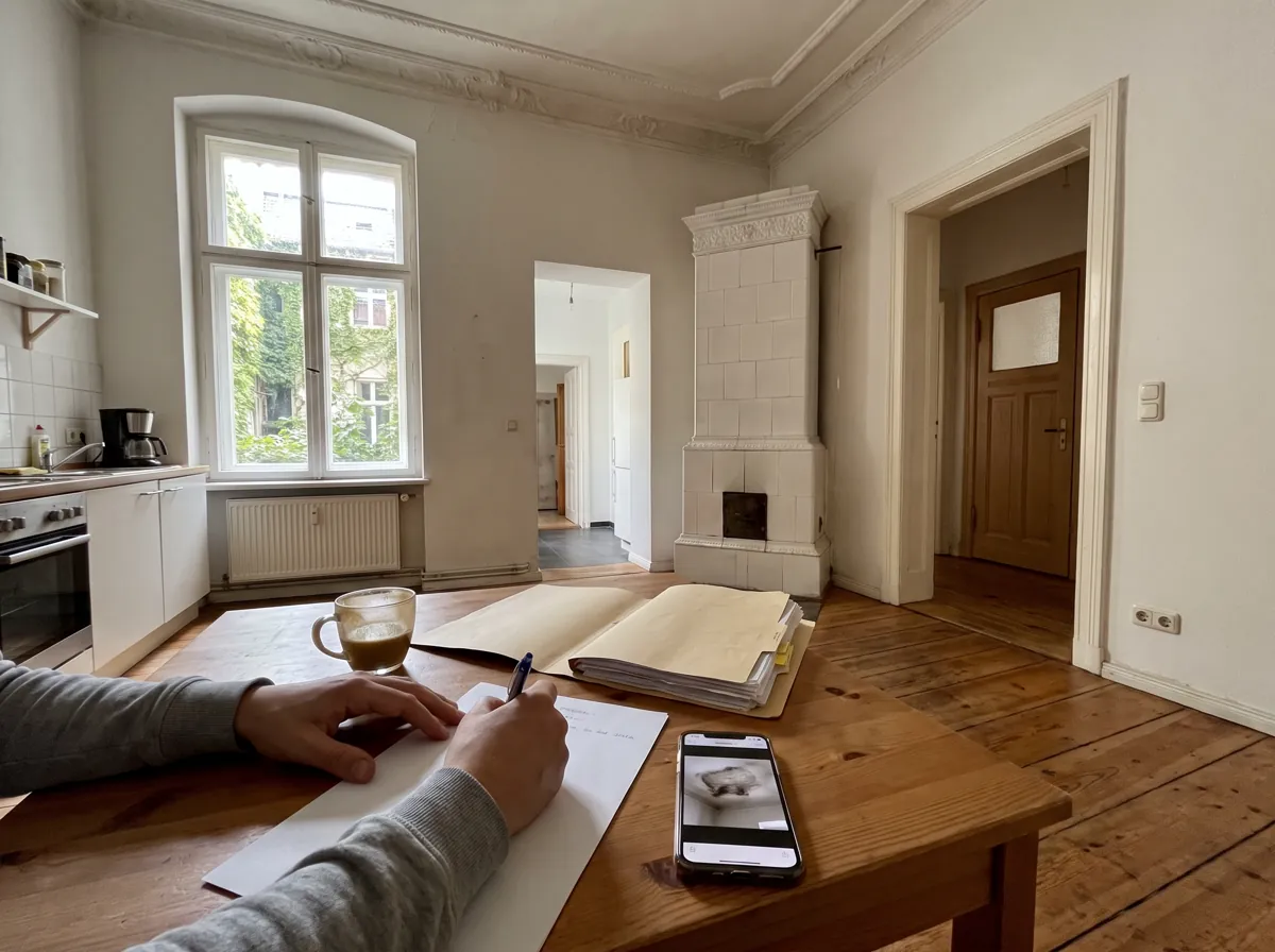 Mieterin schreibt am Küchentisch einer Altbauwohnung eine Mängelanzeige, daneben ein Smartphone mit Foto eines Wasserflecks