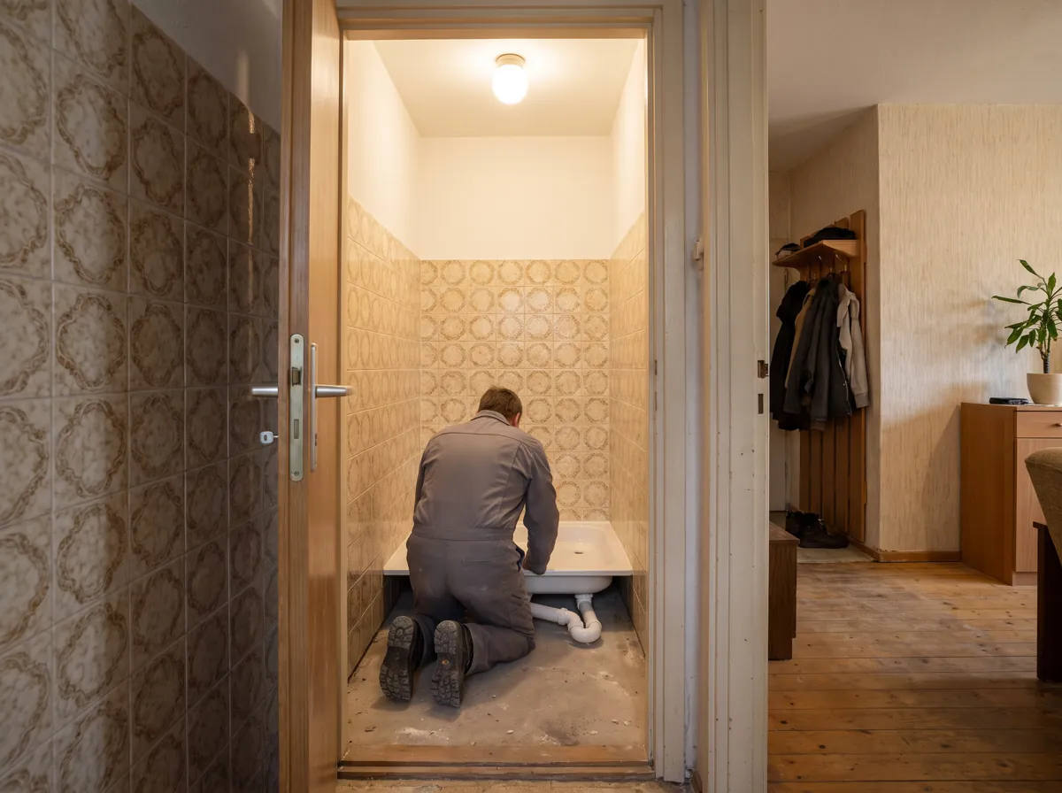 Kompaktes Plattenbau-Bad in Berlin, in dem eine neue Duschtasse eingebaut wird