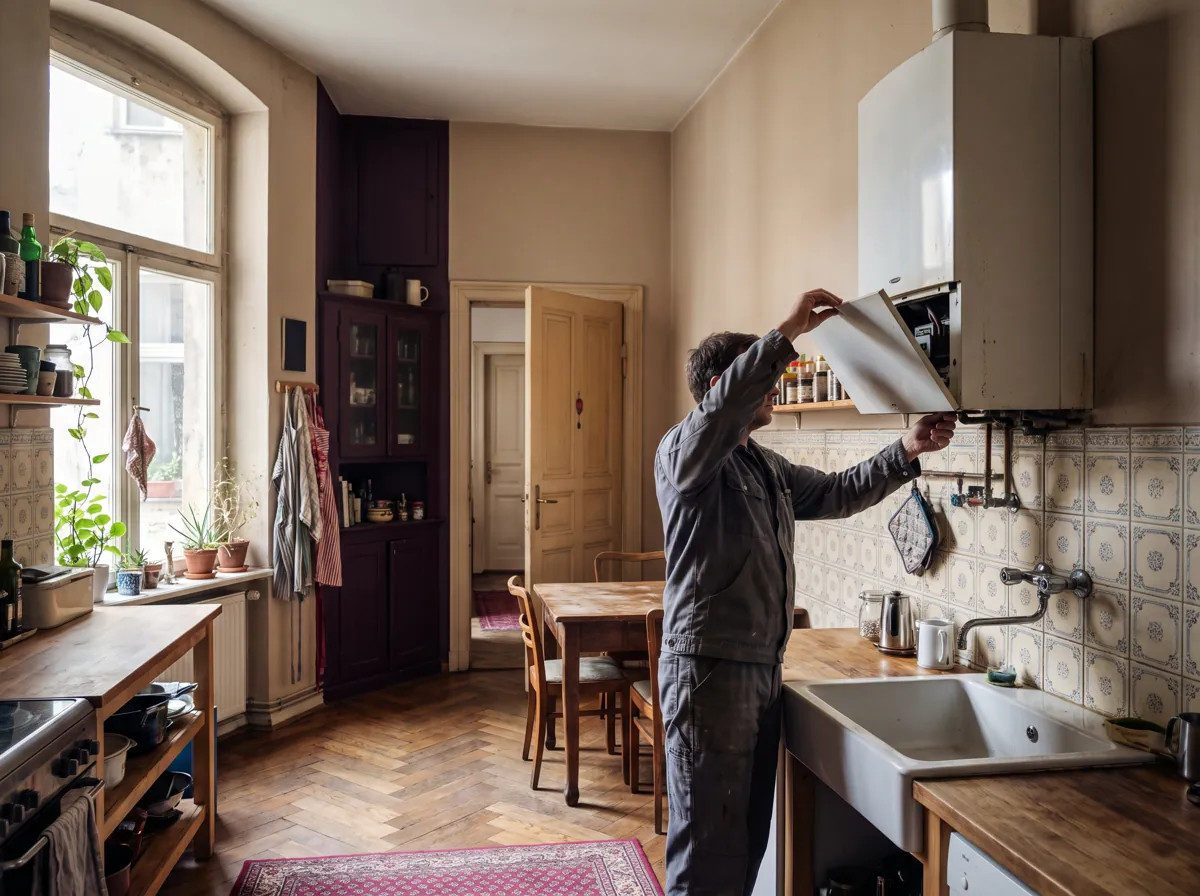 Gastherme in einer Berliner Altbauküche mit Dielenboden, Hände in grauer Arbeitskleidung am Gerät