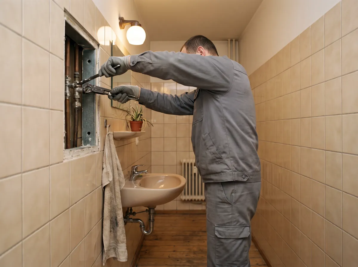 Person in grauer Arbeitskleidung steht im Bad einer Berliner Plattenbauwohnung vor einem geöffneten Installationsschacht mit senkrechten Rohren