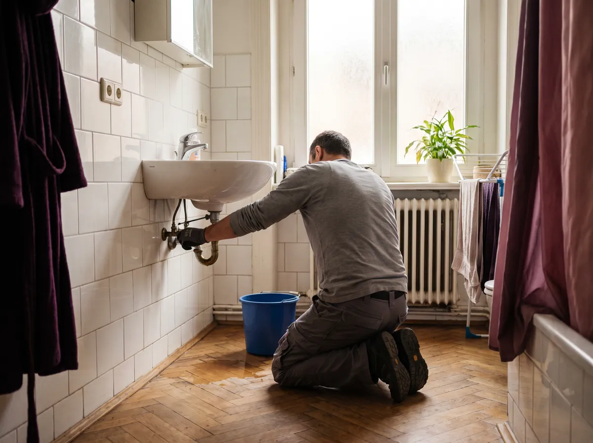 Person in grauer Arbeitskleidung schließt in einem Berliner Altbau-Bad ein Absperrventil, daneben ein Eimer und eine kleine Wasserlache auf dem Boden