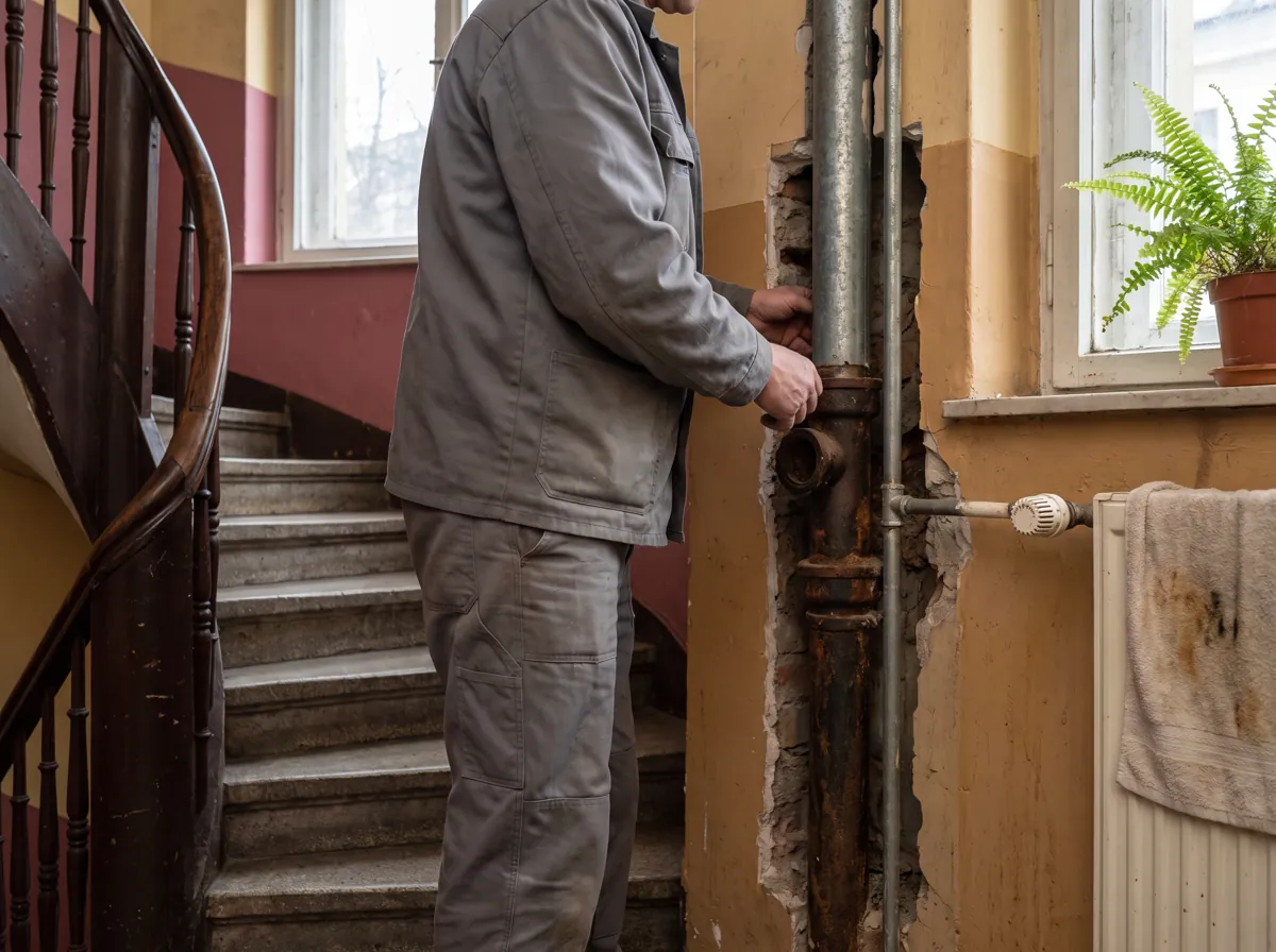 Person in grauer Arbeitskleidung steht im Treppenhaus eines Berliner Mietshauses vor einem geöffneten Schacht mit altem Gussfallrohr und Steigleitung