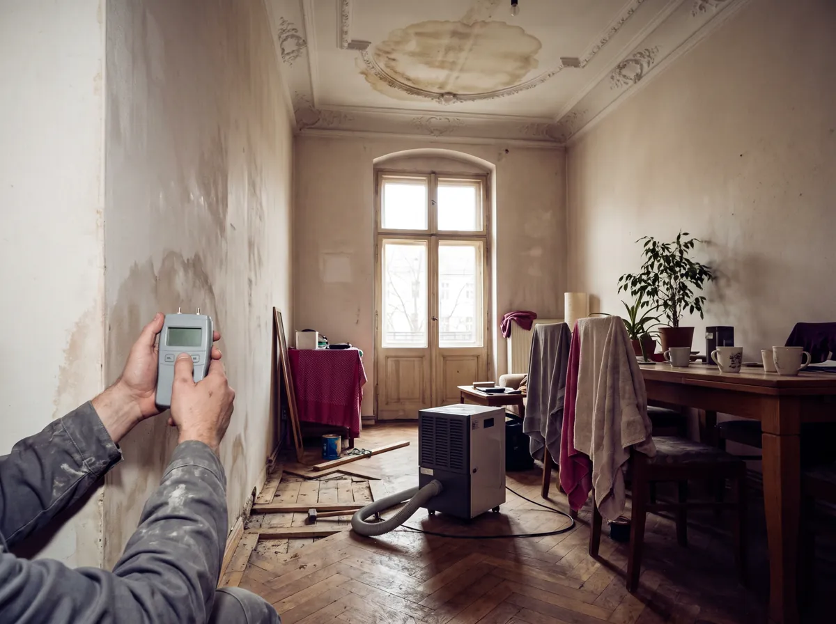Feuchtemessung an der Wand einer Berliner Altbauwohnung mit Trockner und Wasserfleck an der Stuckdecke
