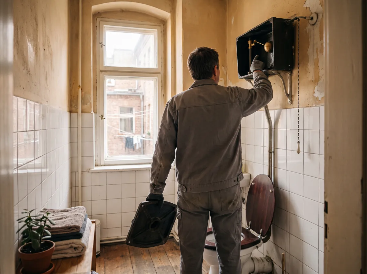 Person in grauer Arbeitskleidung prüft in einer schmalen Berliner Altbau-Toilette den hoch hängenden Spülkasten mit Zugkette