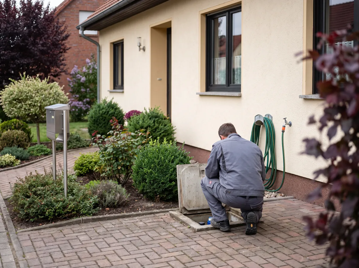 Einfamilienhaus im Berliner Umland: Sanitär-Fachkraft kniet am geöffneten Wasserzählerschacht in der Einfahrt