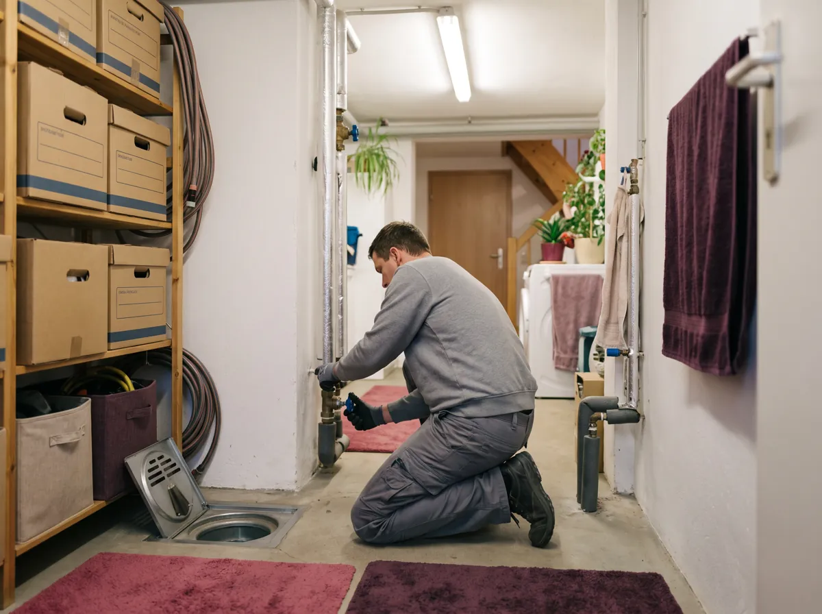 Hausanschlussraum eines Einfamilienhauses mit Wasserzähler, Hauptabsperrventil und Bodenablauf mit Rückstauklappe